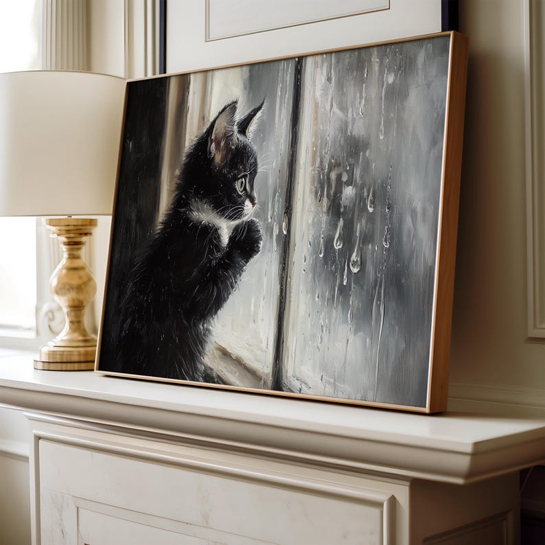 Vintage-style painting of kitten by rainy window.