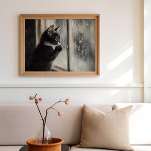 Feline reflection in rainy window, vintage art.