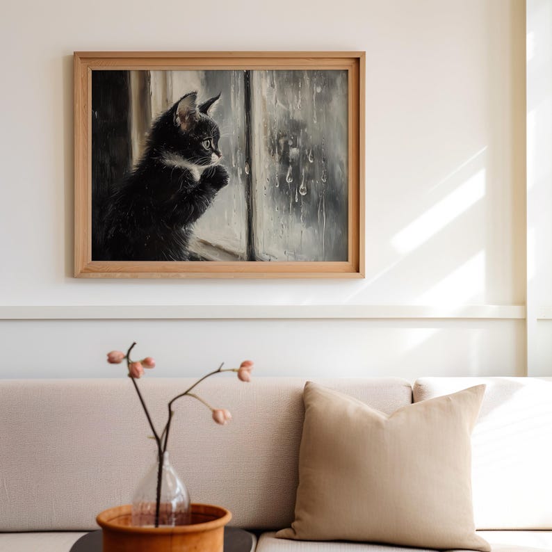 Feline reflection in rainy window, vintage art.