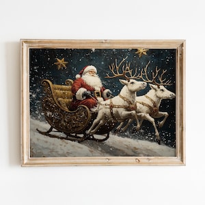 Festive Holiday Art - Vintage Oil Painting of Santa in Sleigh with Reindeer - Digital Download
