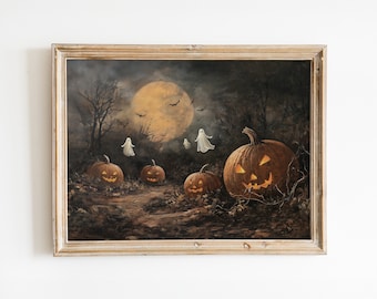 Vintage Halloween Ghosts in Pumpkin Patch - Creepy Digital Art - Instant Download