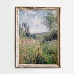 Vintage Meadow Landscape Painting | Impressionist Digital Download | Spring Wildflowers Wall Art | Rustic Nature Printable