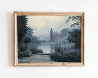 Vintage English Countryside Oil Painting: Misty Lake Landscape (Digital Download)
