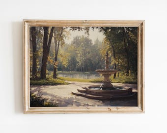 Pintura al óleo de un parque sereno con una fuente - Arte mural vintage de naturaleza - Descarga digital