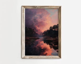 Dramatic Sunset Forest River Art Print | Romantic Landscape Digital Download | Moody Nature Decor