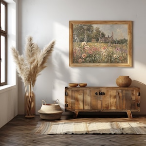 Rustic artwork showcasing an English garden with colorful blooming flowers and greenery.