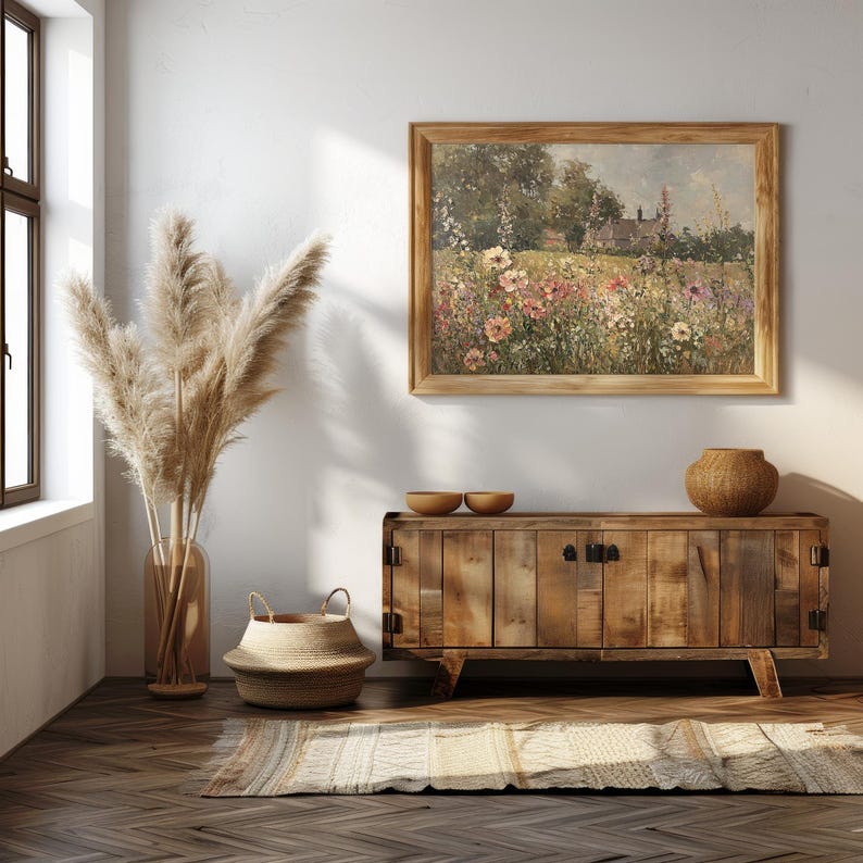Rustic artwork showcasing an English garden with colorful blooming flowers and greenery.