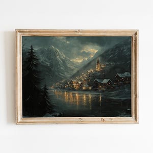 Charming Vintage Christmas Alpine Village Art - Festive village print - Instant Download