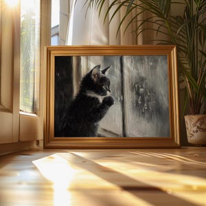 Downloadable kitten art with a cozy, rainy backdrop.