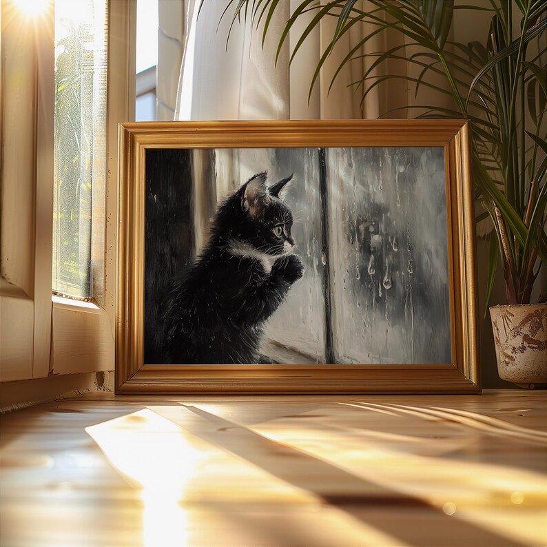 Downloadable kitten art with a cozy, rainy backdrop.
