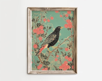 Japanese Bird Art Print: Vintage Floral Illustration (Digital Download