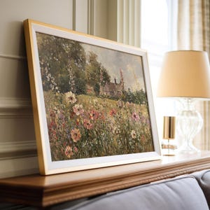 Traditional oil painting of a charming English garden in the countryside.