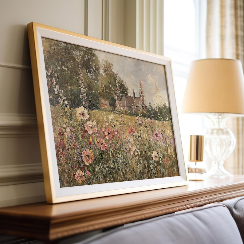 Traditional oil painting of a charming English garden in the countryside.