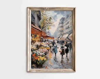 Vintage Parisian Flower Market Oil Painting - Street Scene Wall Art - Digital Download