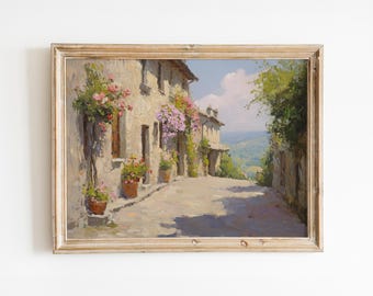 Tuscan Village Street with Flowers | Vintage Digital Download Art | Rustic Home Wall Print