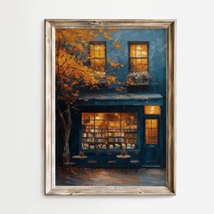 May include: A painting of a blue building with a storefront window filled with books. The building has two windows with warm light shining from inside. The building is surrounded by a tree with yellow leaves.