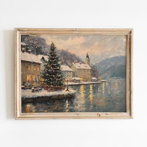 Holiday Magic: Vintage Oil Painting of Austrian Village by the Lake - Instant Download Art