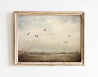 Vintage Bird Flock Landscape Print - Farmhouse Wall Decor, Printable Art