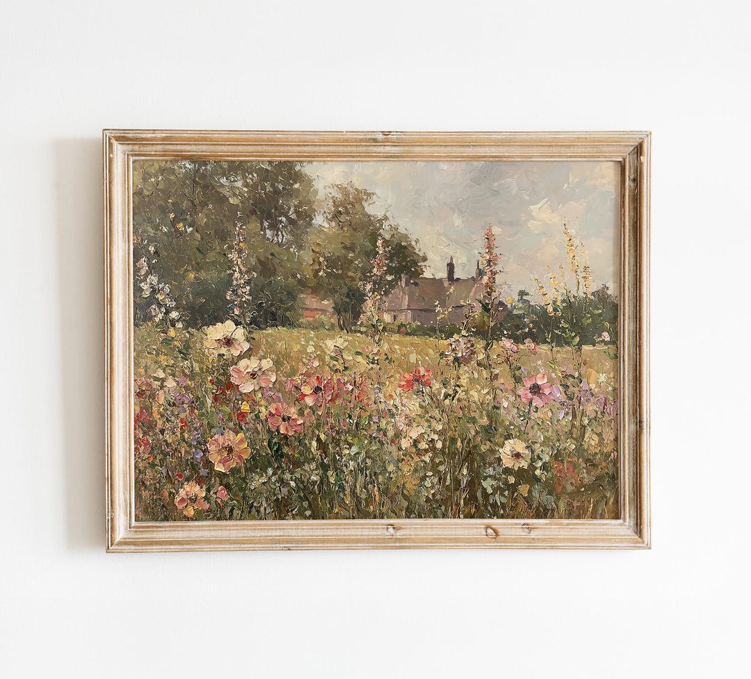 Garden with Blooming Flowers - Vintage English Countryside Oil Painting, Digital Download 
