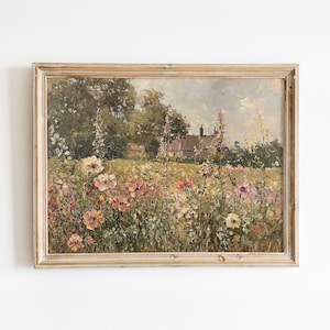Vintage oil painting of the English countryside with a garden and blooming flowers.