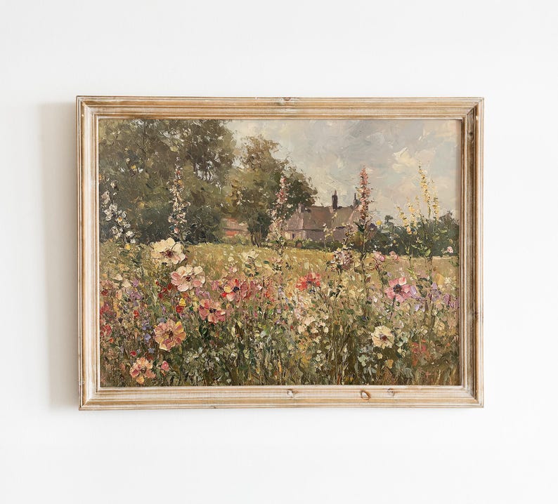 Vintage oil painting of the English countryside with a garden and blooming flowers.