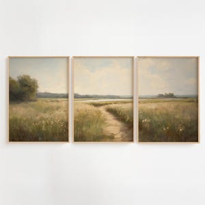 Könnte beinhalten: Ein Set aus drei Landschaftsgemälden, die ein Feld mit hohem Gras zeigen, auf dem ein Weg zu einem See in der Ferne führt. Die Gemälde sind in Naturholz gerahmt.