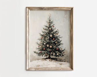 Vintage Oil Painting of Decorated Christmas Tree - Instant Download Art