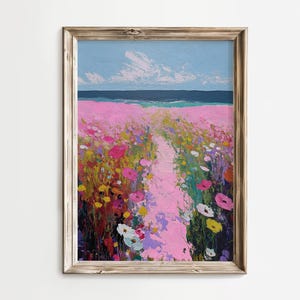 Pink Wildflower Meadow Print: Vibrant Cottagecore Landscape (Digital Download