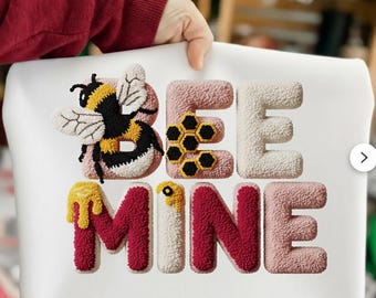 Bee Mine Faux Chenille 3D PNG, Valentine Bee Design, Textured Honeycomb Graphic, Retro Fabric Clipart, Trendy & Cute Embroidered Style