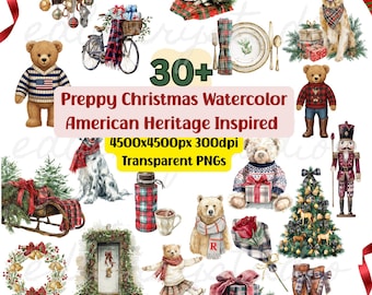 Preppy Christmas Clipart Art Bundle | American Heritage Style, Watercolor (PNG)