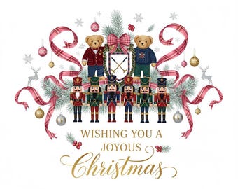 Preppy Coquette Christmas Art PNG | Nutcracker Lineup & Teddy Bears | Pink Plaid Ribbon Bow | Joyous Holiday Polo Crest | Digital Download