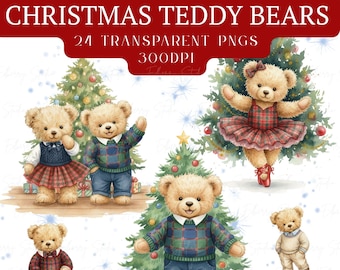 24 Preppy Christmas Teddy Bear Clipart Bundle Watercolor 300dpi PNG for Commercial Use | Digital Download