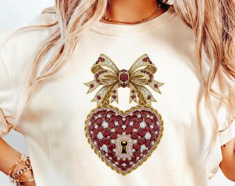 Rhinestone Heart Locket Bow PNG, Ruby Heart Lock Design, Glitter Valentine Graphic, Jeweled Heart Keyhole, Trendy & Romantic