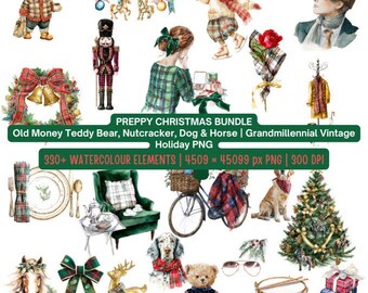 Preppy Colonial Classic Inspired Christmas Clipart Art Bundle | Watercolor PNGs