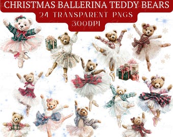 24 Christmas Ballerina Tartan Plaid Teddy Polo Bear Clipart Bundle Preppy, Watercolor PNG, Commercial Use, Winter Ballet Digital Download