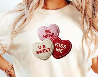 Hearts PNG Faux Embroidery Design Valentine’s Day Retro Patch Effect Candy Hearts Preppy Coquette Galentine 3D UR Sweet Kiss Me