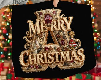 A Merry Christmas Baroque Gold PNG | Luxury Ornate Holiday Lettering | Regal Jewel Christmas Text Clipart