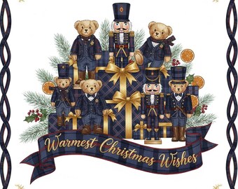Preppy Navy Blue Christmas Art PNG | Teddy Bear & Nutcracker | Tartan Plaid Gifts Dried Oranges | Boys Holiday Shirt | Digital Download