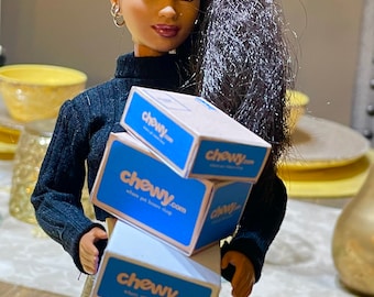 May include: A doll with long black hair is holding a stack of four boxes with the Chewy.com logo. The boxes are blue and white with the text "Chewy.com" and "Where you love shop".
