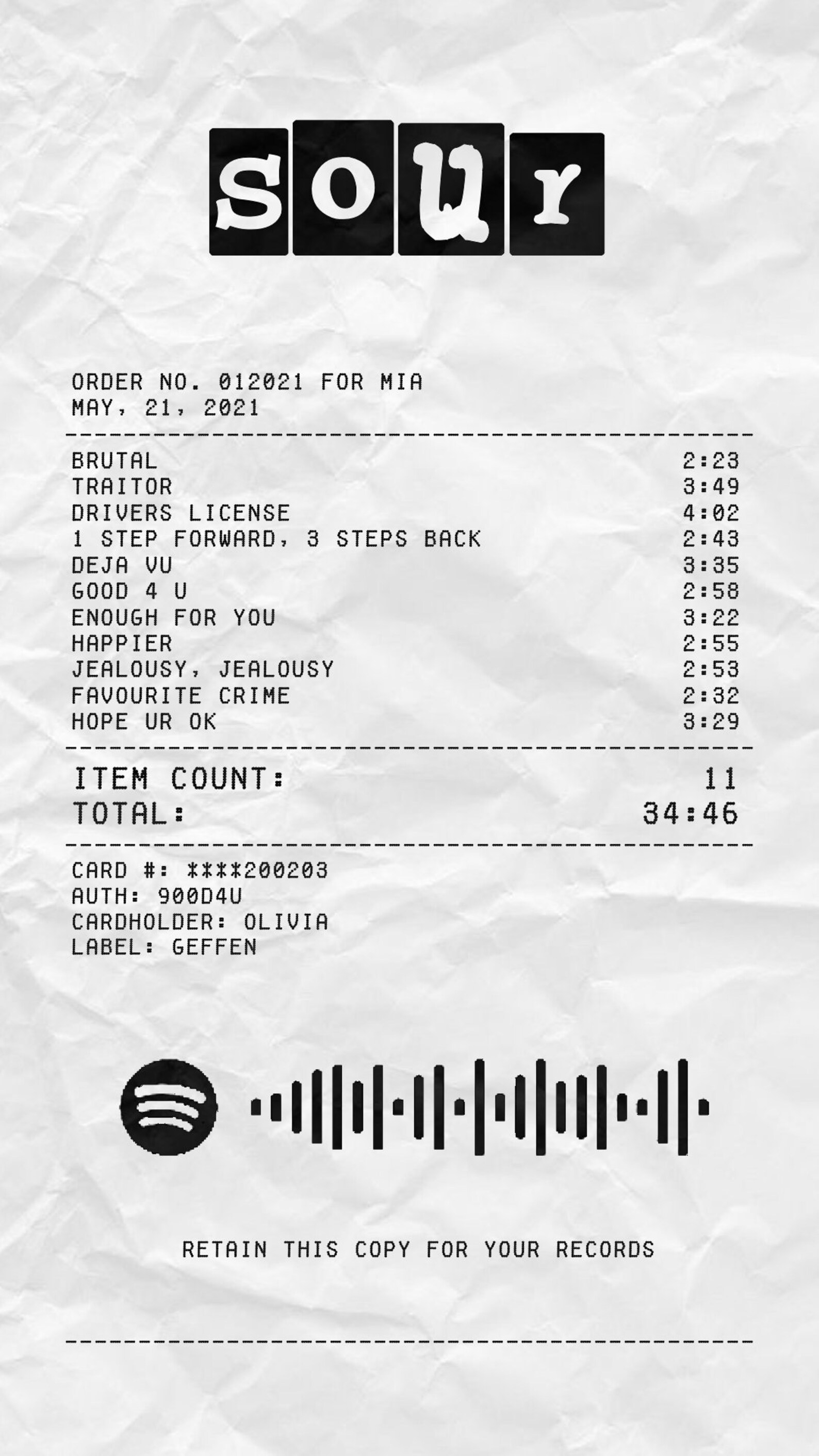 CUSTOM Spotify Album Receipt Print Etsy