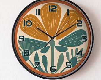 Abstract orange Floral Wall Clock, Bohemian Art Decor, Silent Kitchen Timepiece