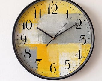 Abstract Yellow Grey Wall Clock | Modern Mustard Round Timepiece