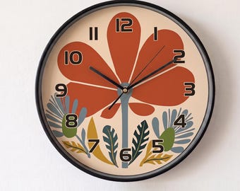 Abstract Floral Wall Clock, Bohemian Art Decor, Silent Kitchen Timepiece