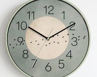 Minimalist Sage Green Wall Clock | Birds Flight Art, Silent Modern Home Decor