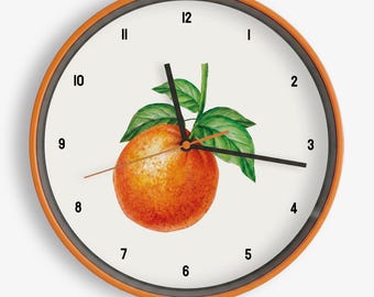 Orange Wall Clock - 12" Citrus Kitchen Clock - Watercolor Botanical Design - Bright Retro Decor