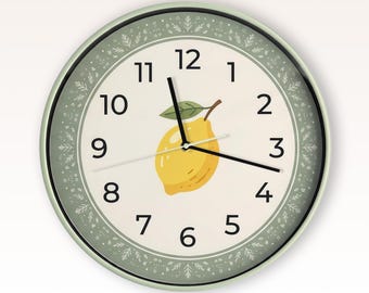 Sage Green Lemon Wall Clock | 12" Silent Kitchen Clock | Botanical Cottagecore Decor | Round Glass Front Timepiece | Fruit Theme Wall Art
