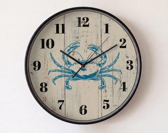 Blue Crab Wall Clock | 12" Silent Coastal Beach House Decor