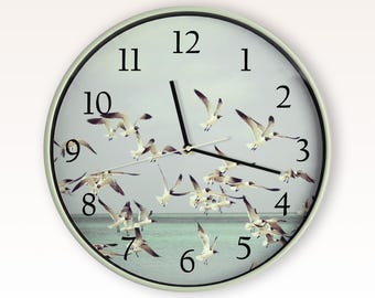 Seagull Flock Wall Clock | 12" Silent Beach Seascape Timepiece