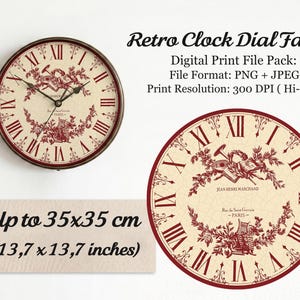 May include: A retro clock face design featuring Roman numerals and a red and cream floral pattern. The clock face is round with a dark brown frame. The text "Retro Clock Dial Face" is visible. Up to 35x35 cm (13.7 x 13.7 inches).