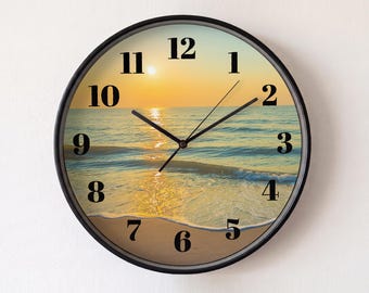 Ocean Sunset Wall Clock | 12" Silent Coastal Beach Timepiece (Landscape Art)